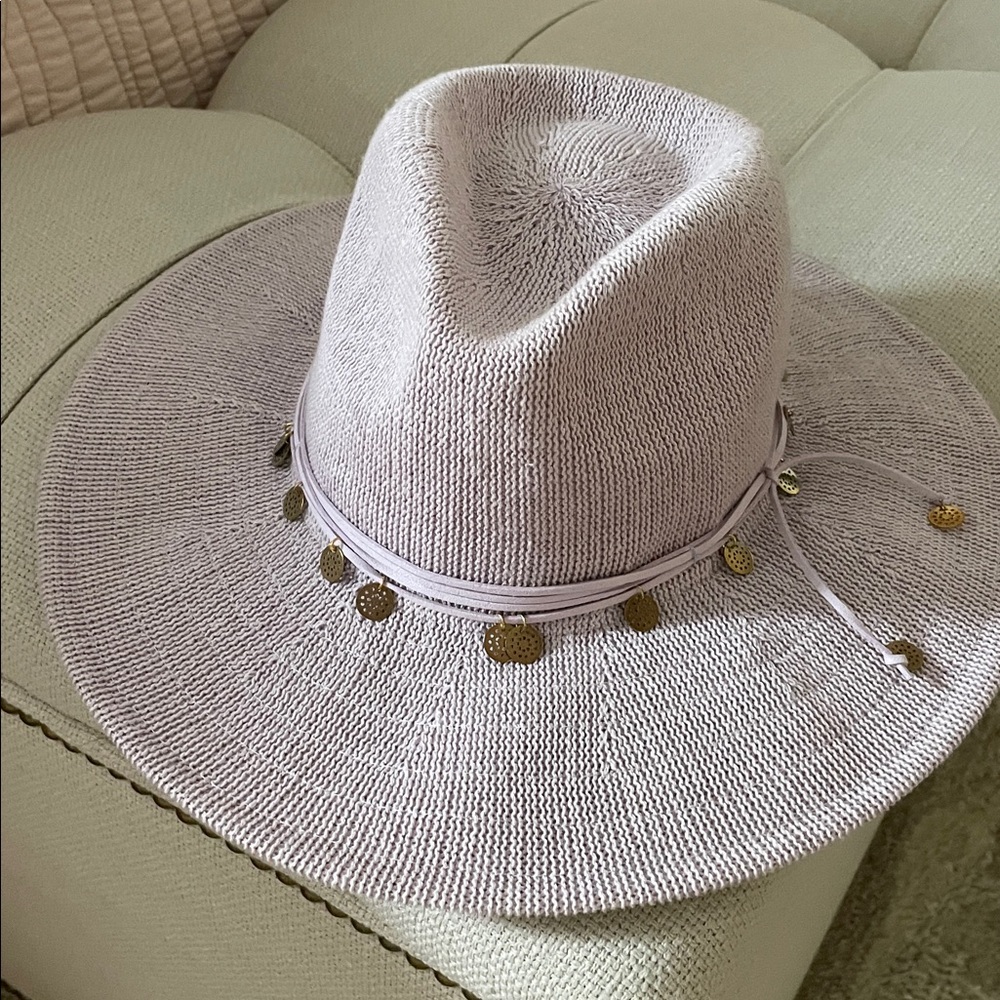 Stylish Lavendar Wide-Brim Hat with Gold Accents